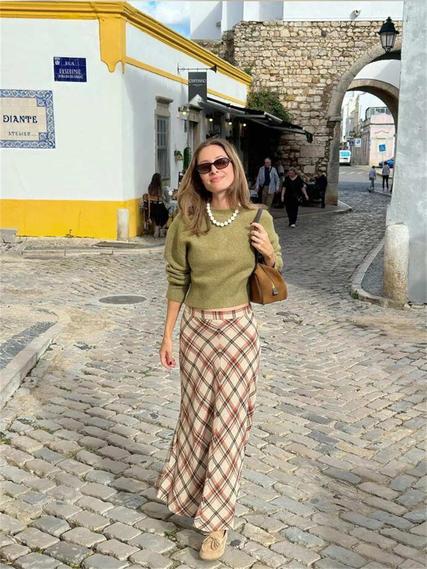 BANA Women's A-Line Midi Skirt Cotton Linen Thin Checkered Long Skirt Casual High Waist City Commute Daily Touring Shopping