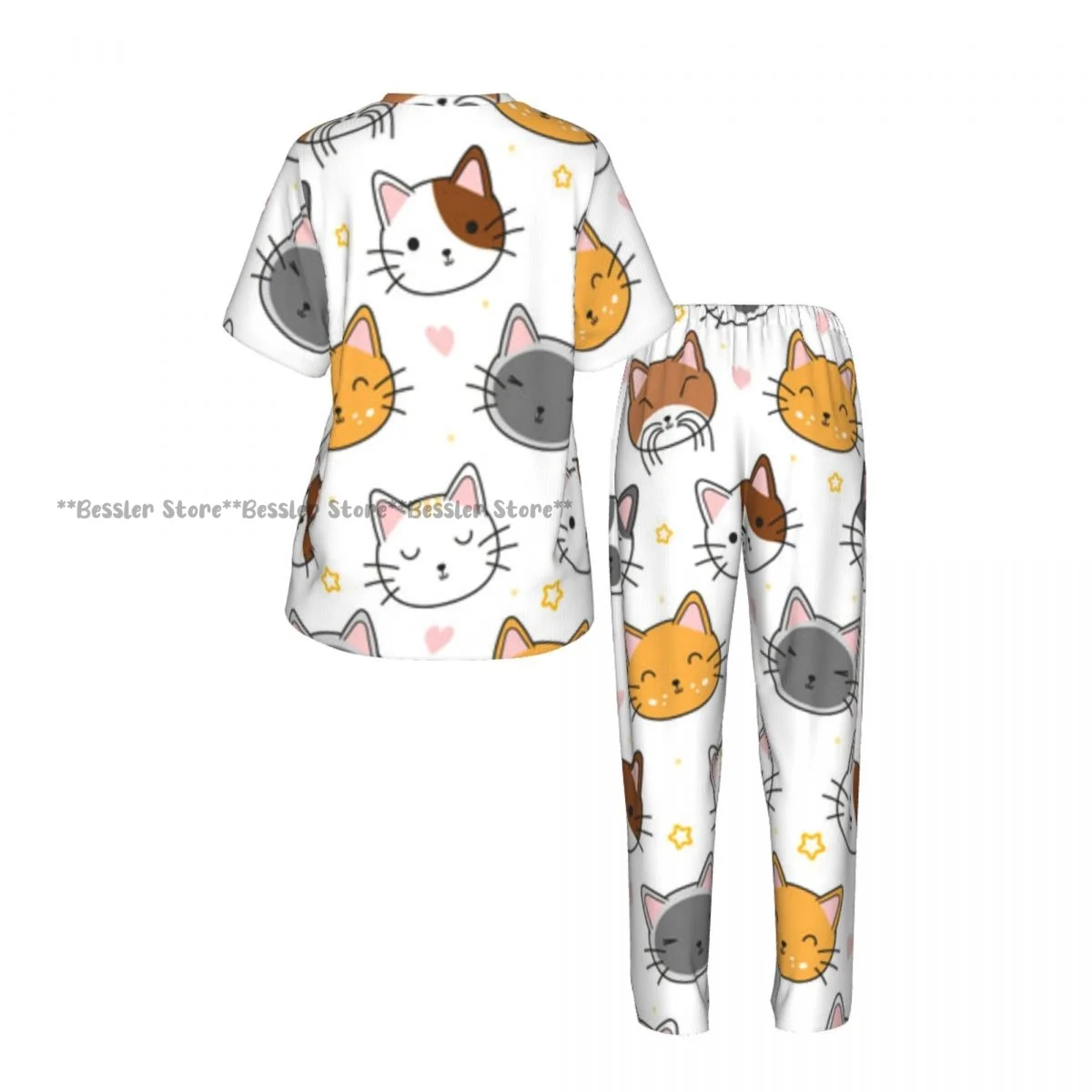 Women's Pajamas Set Cute Cats With Stars And Hearts Short Sleeve Sleepwear 2 Piece Homewear Loungewear 3