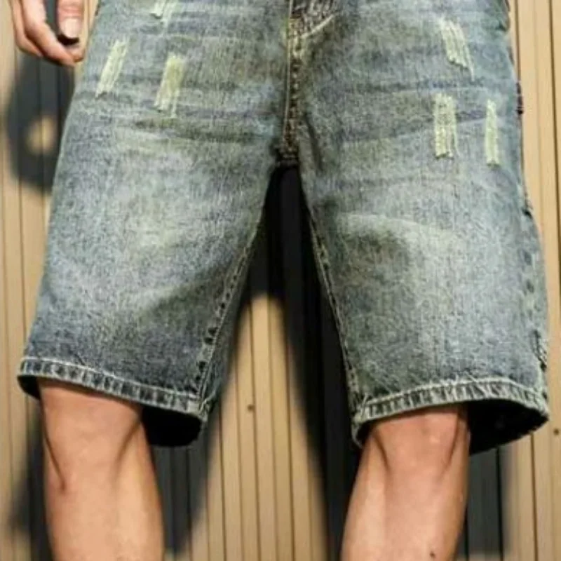 Short Jeans Pants for Men with Pockets Man Denim Shorts Ripped Cargo Buttons Harajuku Wide New in Blue Rude Korean Fashion Retro