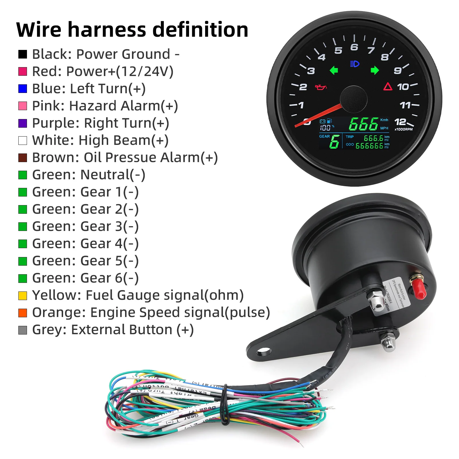 MAIMEIMI 0-12000RPM 85mm Tachometer 0-299KMH,MPH GPS Speedometer Gauge with High Beam Turn Light 1-8Gear Fuel Level Meter Motor