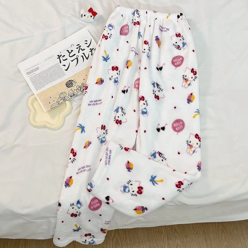 Sanrio Hello Kitty Pajamas Flannel Women Warm Woolen White Cartoon Anime Casual Home Pants Autumn Trousers