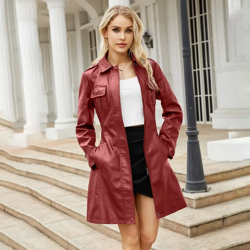 Women's Mid-Length Leather Jacket with Belt, European and American, Long Sleeved, Fashionable British, Spring and Autumn, New