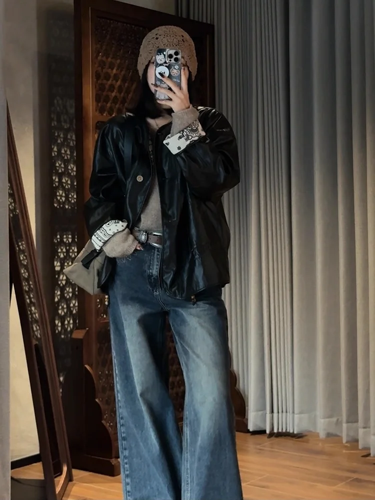 

Винтажная крутая кожаная куртка с принтом, повседневная свободная посадка, осенний топ в стиле панк, длинный свеч, круглый Ne