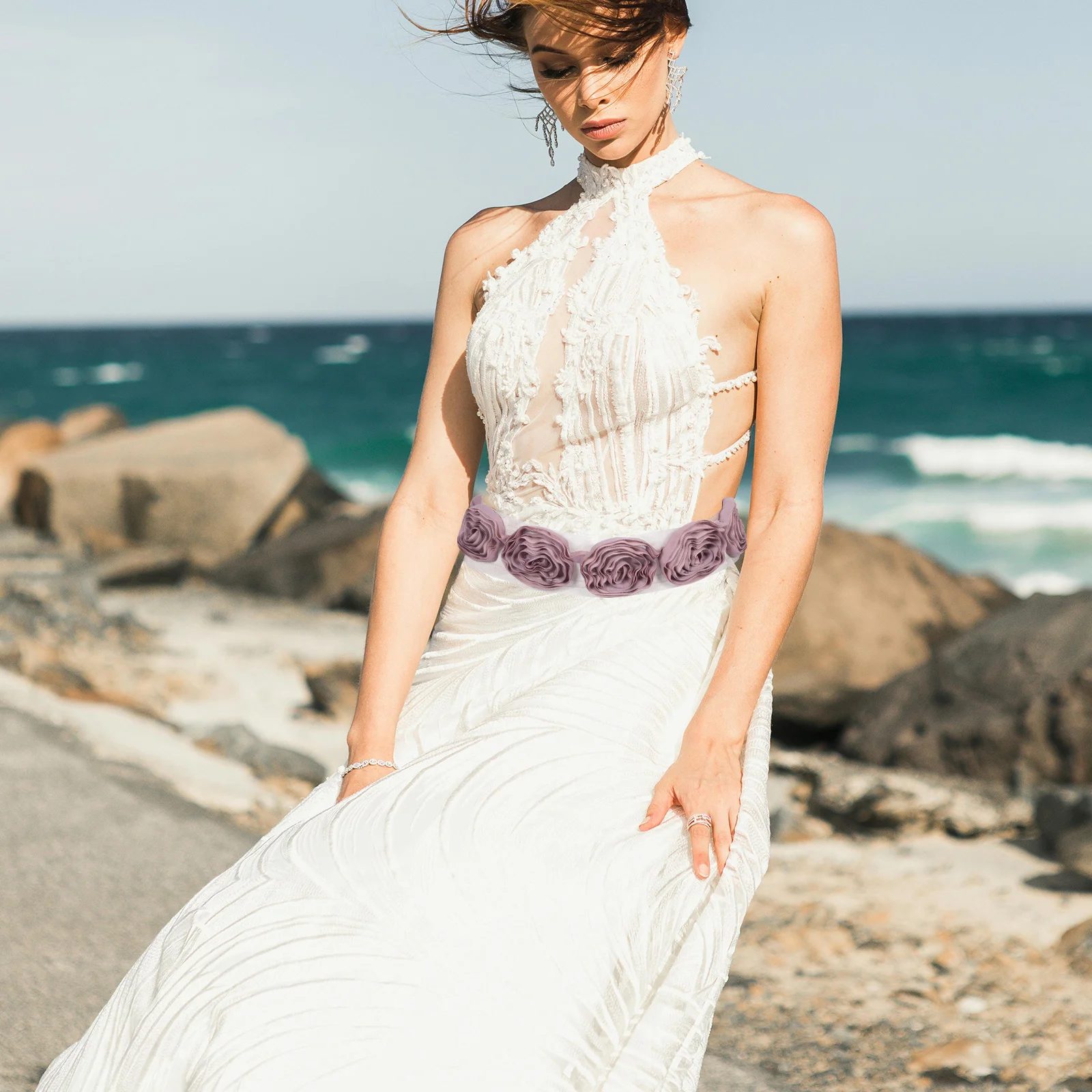 

Women's Dress Sash Bridal Belt Purple Cloth Rose Flower Embroidery Adjustable Wedding Dress Waistband Handmade Bridal Flower
