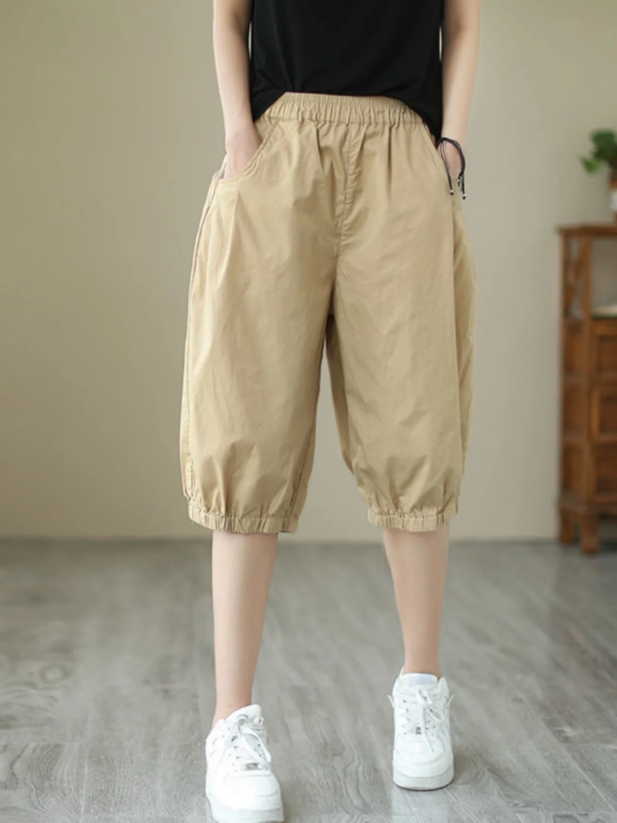 

Summer Casual Loose plus Size Slimming High Waist Five-Quarter Cotton Shorts Women's Wide Leg Elastic Waist Harem Pants
