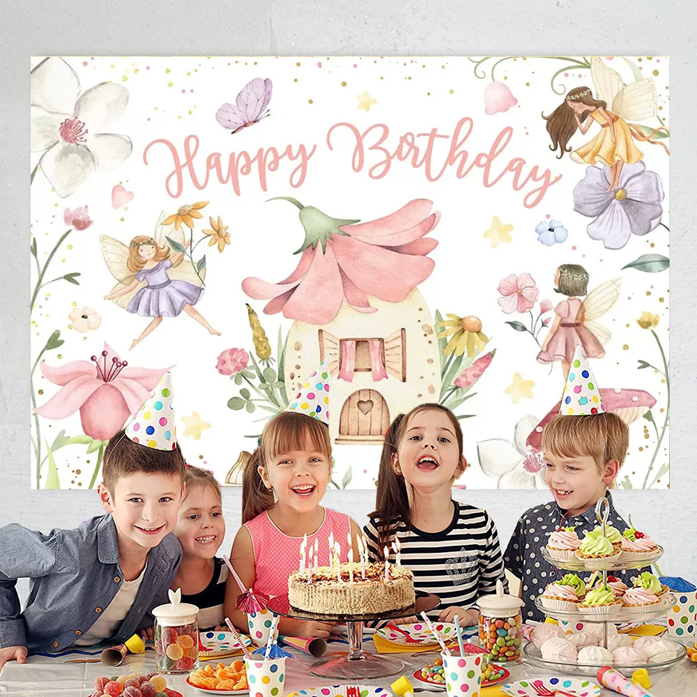 Flowers Fairy Mushroom House Elf Butterfly Fairy Tale Background Girl 1st Birthday Party Decoration Banner Baby Shower PhotoProp