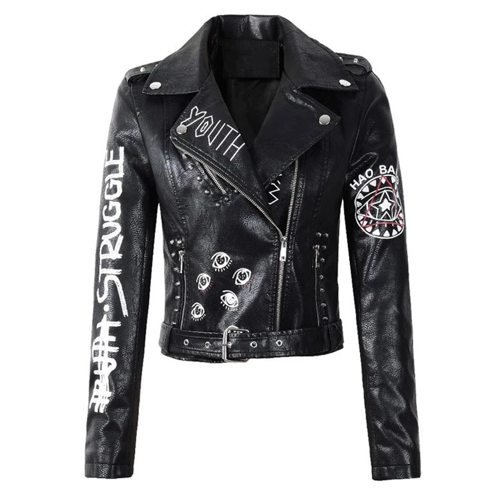 Leather Jacket Women Spring Fall Winter Pu Motorcycle Coat Print Punk Gothic Biker Rivet Outerwear