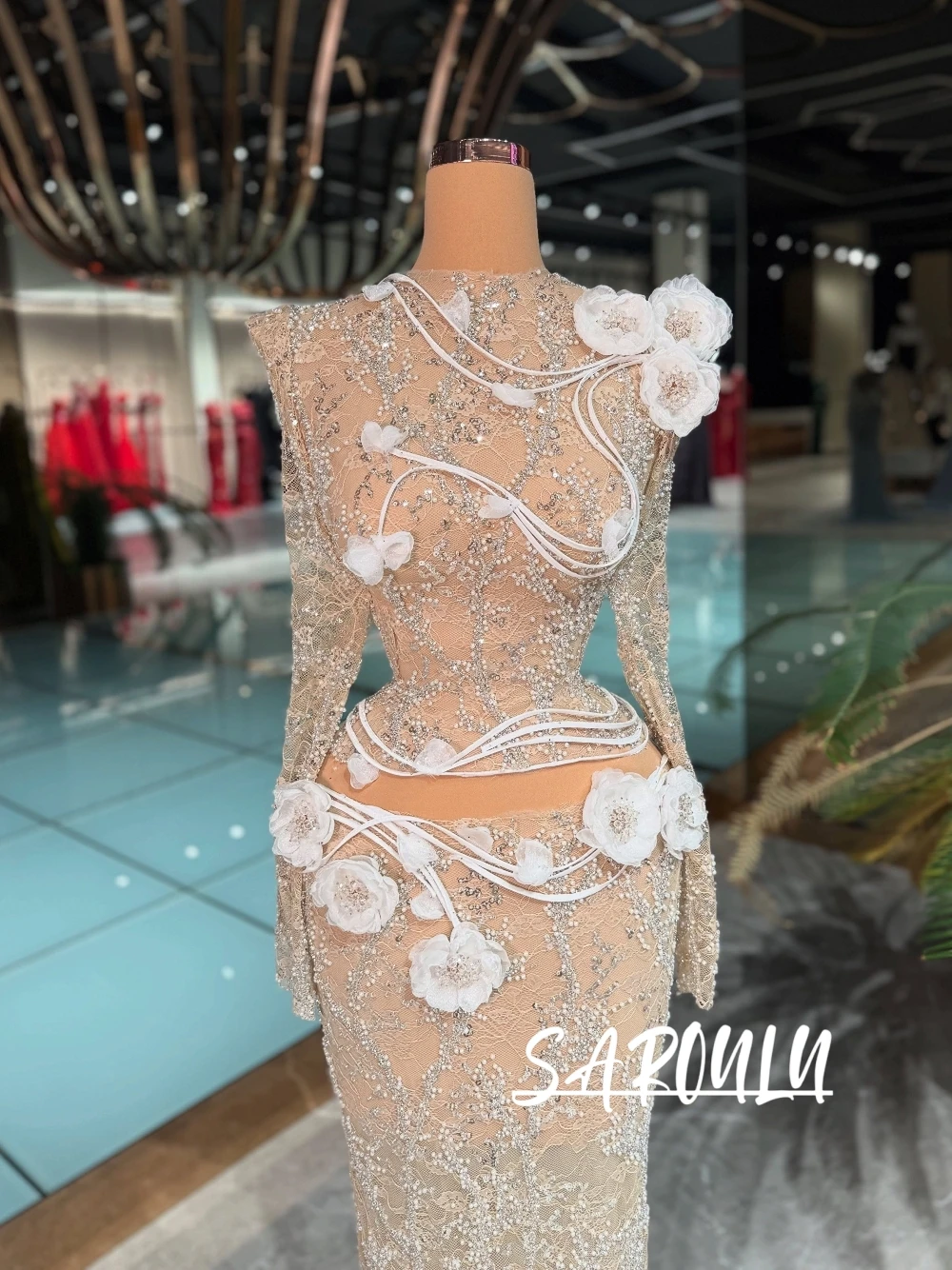 

Sheer Mesh Nude Evening Dress Waist Cutout 3D White Flower Dreamy Mermaid Prom Gown Customized Glamorous Beaded Lace Galas Wear