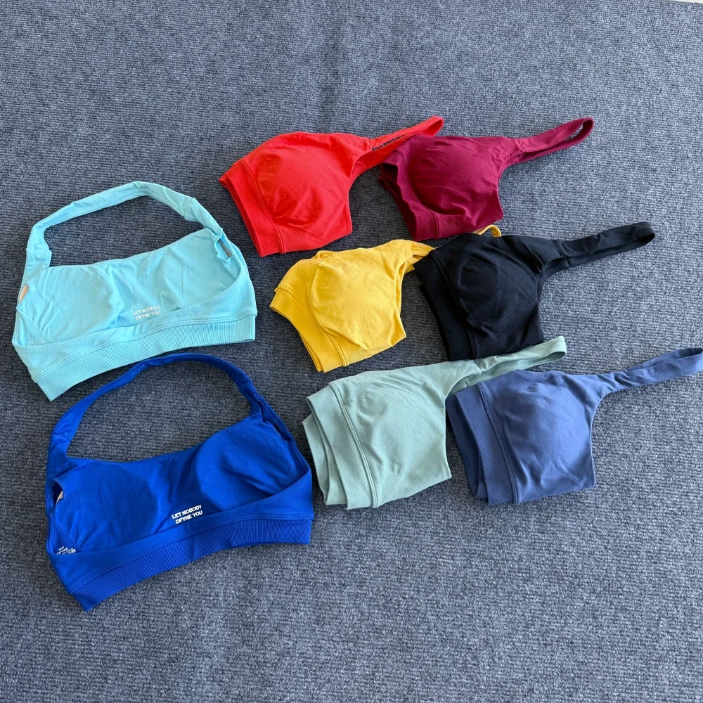 

Impact Sports Bra with Logo Women Seamless Halter Neck Strap Open Back Padded Yoga Top Bras Gym Crop Top