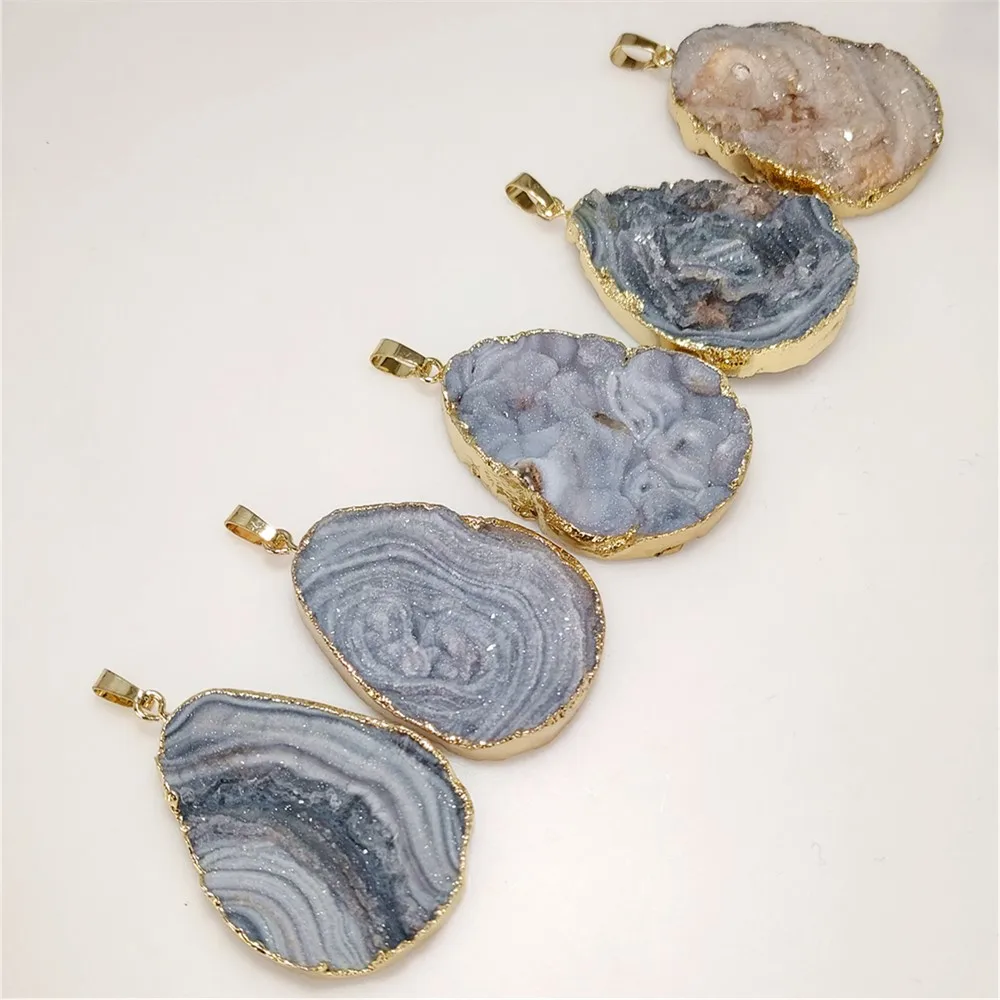 5Pcs Golden Plated Galaxy Stone Pendant, Irregular Sun Agate Druzy Jewelry for Necklace Crafting Accessories PD132