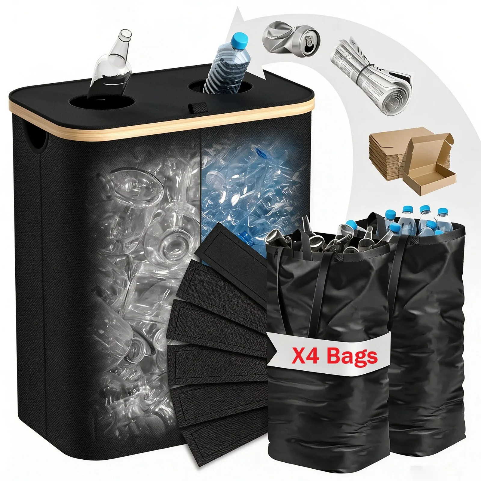 Conteneur de collecte de bouteilles de 160 L, panier de rangement pliable, poubelle, collecteur de bouteilles recyclables, boîte de rangement avec 4 sacs