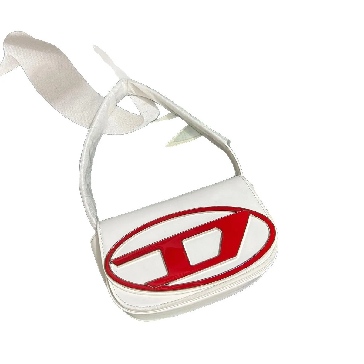 Pure White Smooth Leather Mini Underarm Saddle Bag Glossy Red Oval Logo Flap Shoulder Crossbody Small Handbag Y2K Minimalist Purse For Women Daily Dating