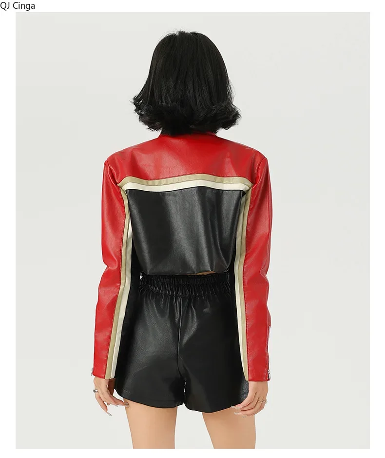 2026 New Women's Red Long-Sleeve Faux Leather Jacket, Short-Length Fashionable Biker PU Coat.