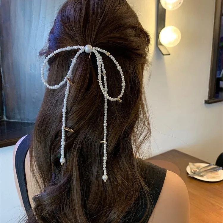 2024 New Beaded Bow Hair Clips Stick Half Up Back Head Barrettes Elegant Pearl Hairpin Versatile Chic Headwear Women Gift