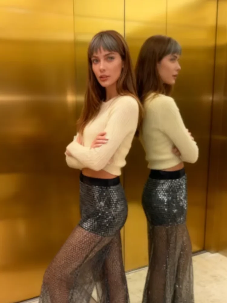 

Sexy Sequins See Through Loose Pants Women High Waist Wide Leg Party Glitter Female Trousers 2025 Chic New Gown Street Pants