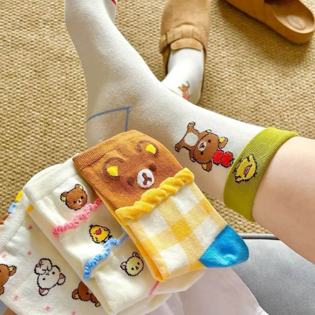 4 Pairs Women Spring Autumn Mid Calf Socks Cute Cartoon Bear Japanese Preppy Style Sweet Candy Color Casual Girls Sock