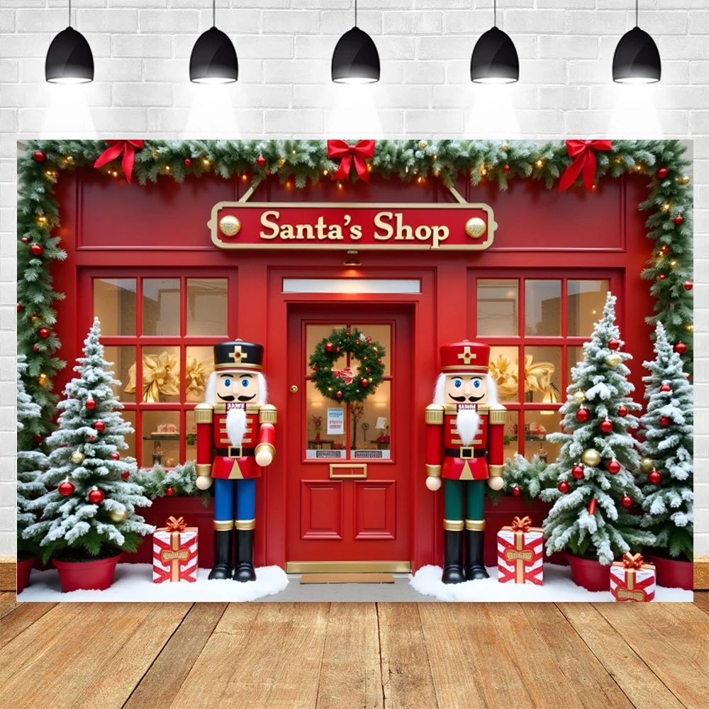Santa Claus' Toy Store Photography Backdrop Retro Christmas Decoration Christmas Tree Wreath Gift Kids Family Party Background