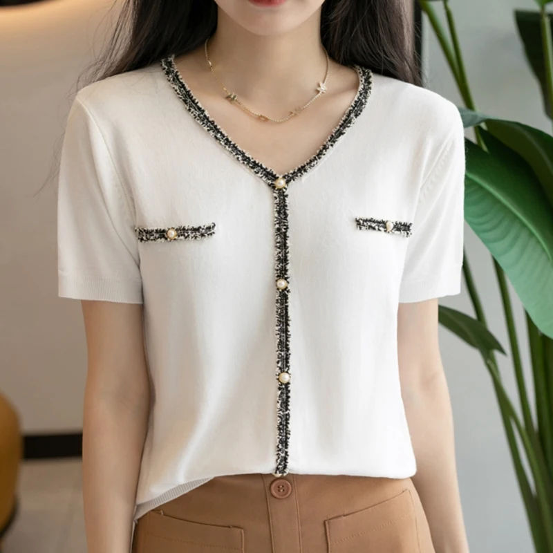 Sommer Koreanische Mode Kleidung Patchwork Gestrickte T Shirt Frauen Kurzarm V-ausschnitt T-shirts Casual Weiß Schwarz T Shirt Femme