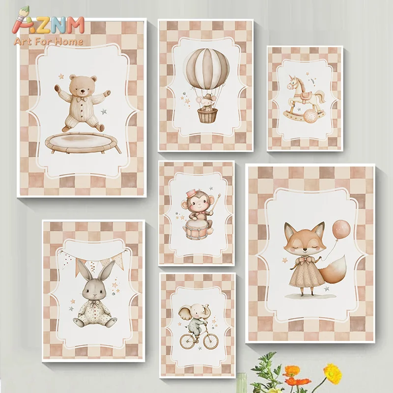 AZNM Boho Checkered Watercolor Animal Canvas Wall Art Bear Fox Rabbit Elephant Hot Air Balloon Unframed Print Neutral Baby Nurse