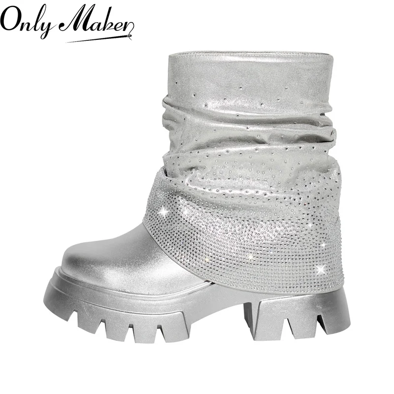 Onlymaker kobiety Sliver Rhinestone składane na buty z okrągłym noskiem ręcznie robione kobiety w połowie buty ze skórki cielęcej