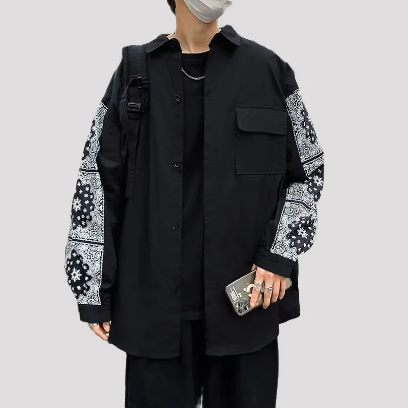 

Мужские рубашки-банданы в стиле Харадзюку, уличная рубашка с длинным рукавом и узором пейсли, хлопковая лоскутная одежда на весну и лето с принтом, одежда оверсайз Z1