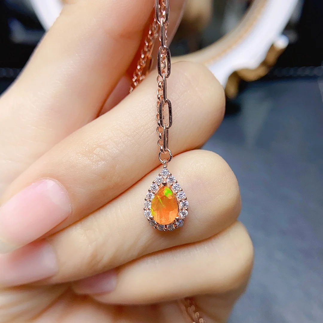 

Natural Opal Jewelry 925 Sterling Silver Orange Opal Pendant Necklace AB Chain Silver Necklace For Women