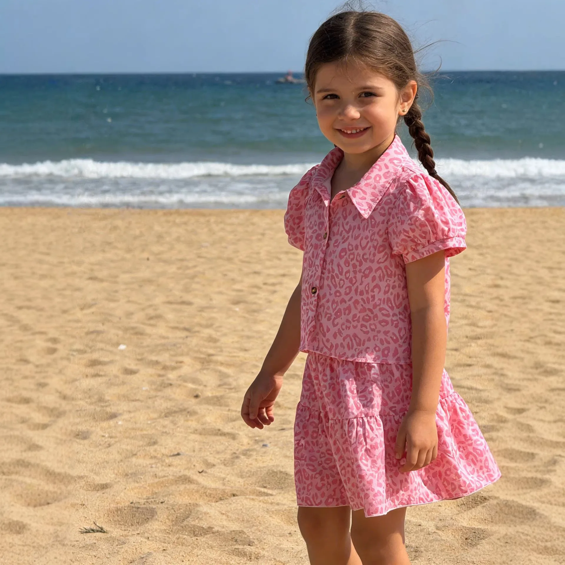 2026 Summer Girls Set New Leopard High Waist Short Sleeve Shirt Half Skirt Children Casual Two Piece Set