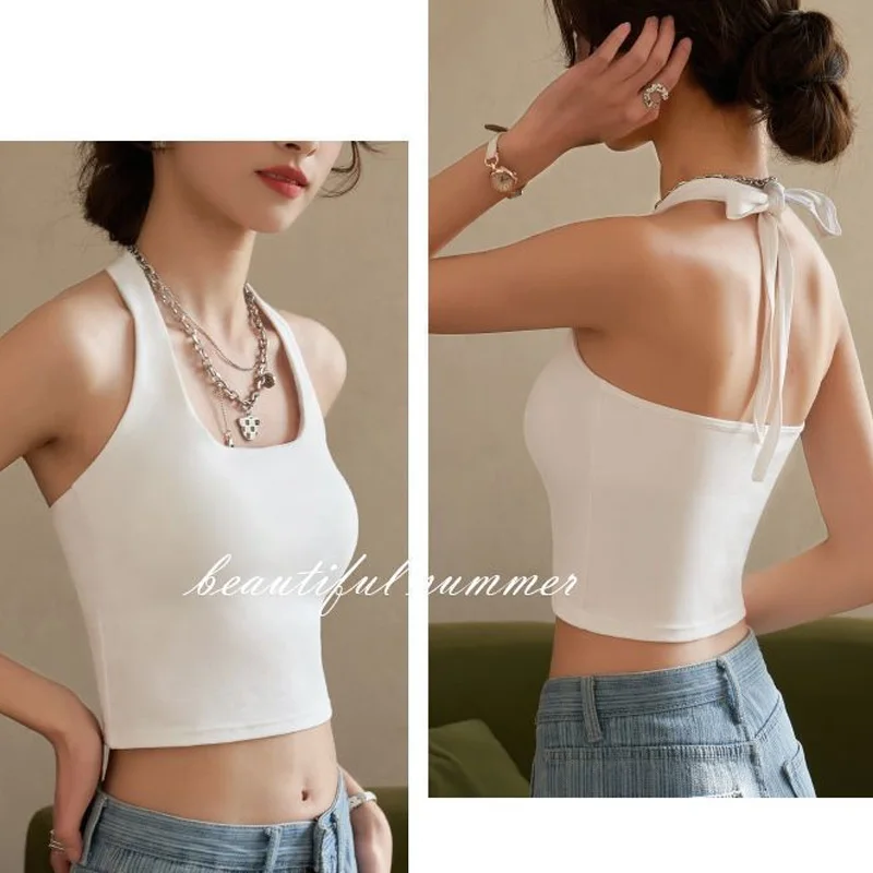 Haut court avec coussretours de poitrine pour femme, bretelles spaghetti, dos licou, sous-vêtements dos beauté, fibrCamisole, Y, 40-60kg