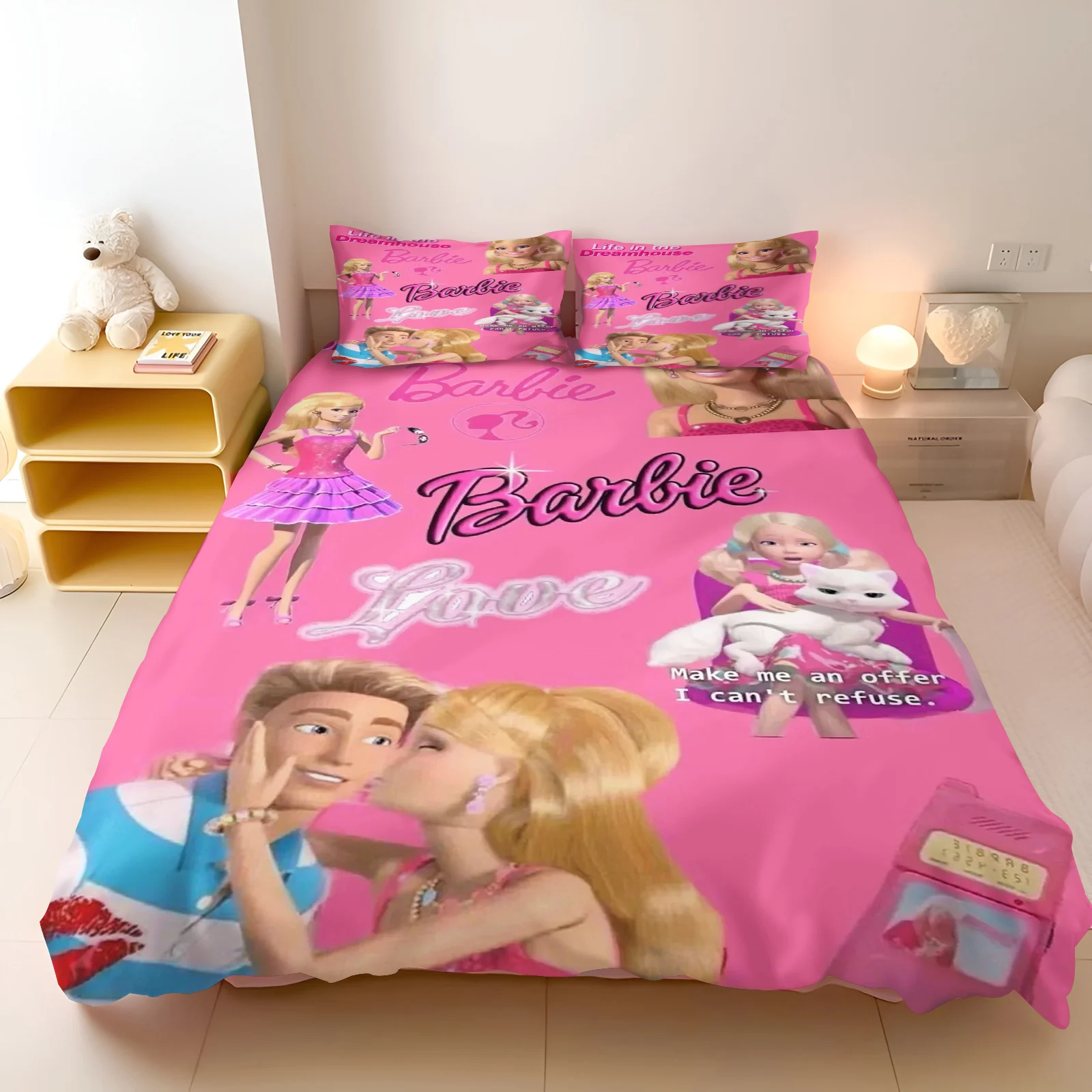 

MINISO-PrintedBarbie Set for Girls, Disney Co-branded Barbie Pink, Modern Duvet Cover, 2 Piece Bedding Set