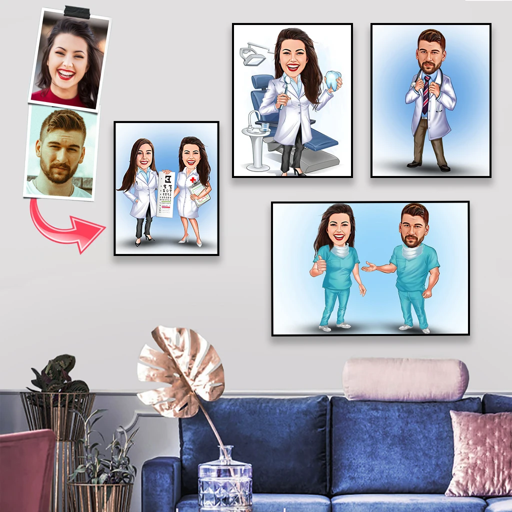 Custom Cartoon Portrait Poster Doctor Dentist Caricature Prints Personalized Nurse Portrait Canvas Painting Best Gift Home Decor