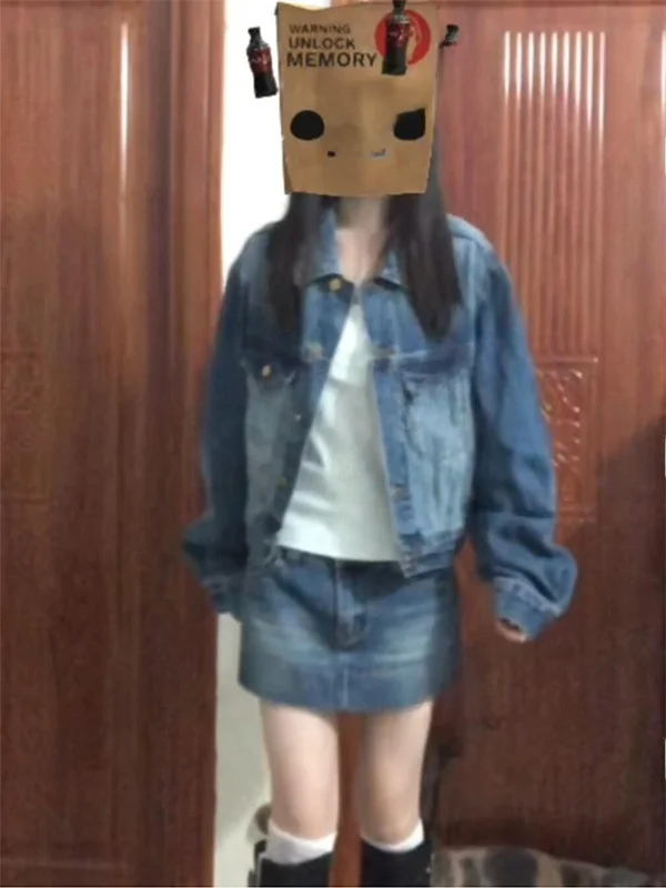 Washed American Style Blue Denim Jacket Women's Hong Kong Style Retro Half Skirt Set Short Skirt Two Piece Set Casual Fashion