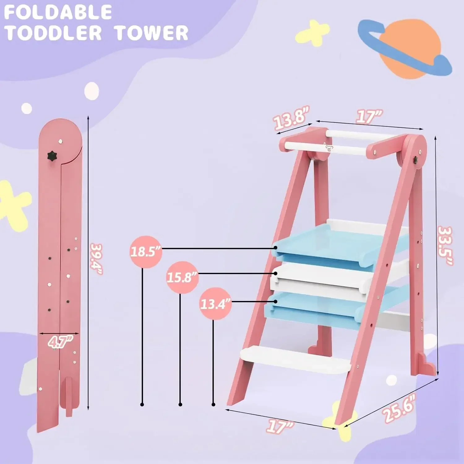 Toddler Kitchen Stool Helper, Tower with 3 Adjustable Height, Wooden Step Stool, Collapsible