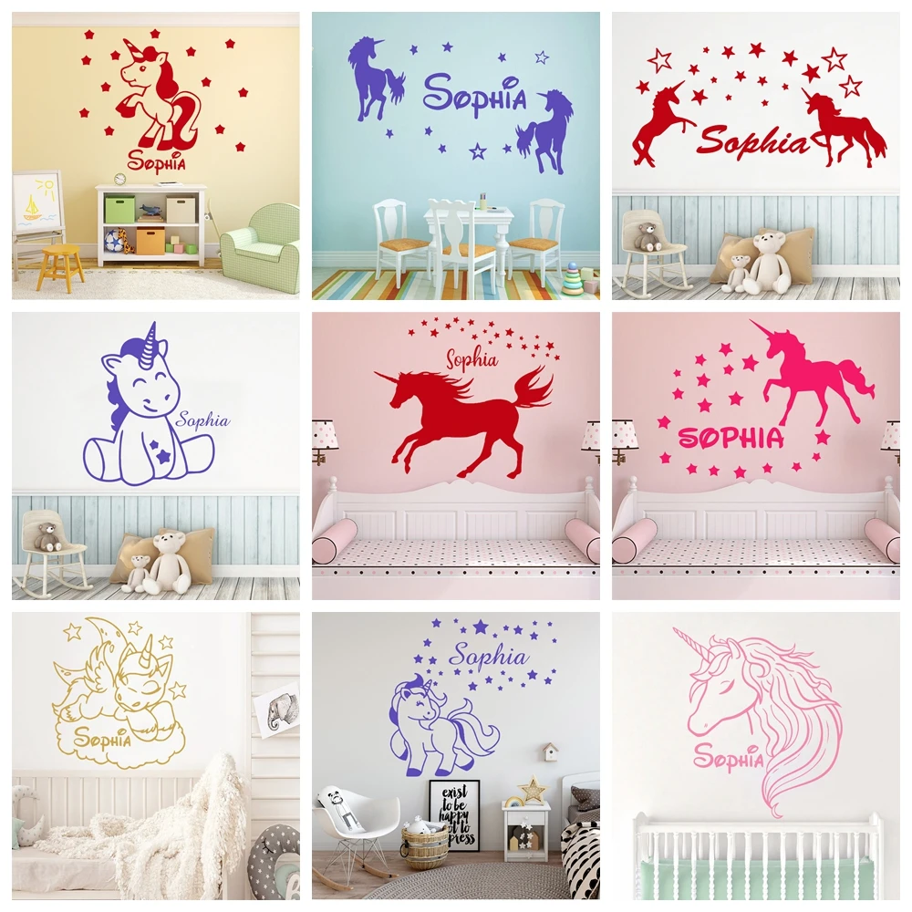 1 pc colored unicorn Customized Name Sticker Waterproof Vinyl Wallpaper Home Decor for kids room Wall Art Sticker Murals