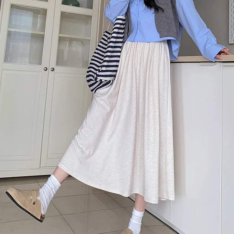 ربيع الخريف المرأة تنورة طويلة الكورية أنيقة الورك تغطي لينة محبوك التنانير امرأة مرونة الخصر الصلبة مطوي ميدي تنورة