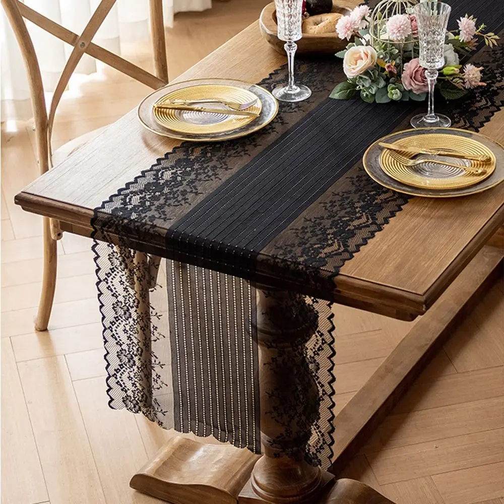 Hollowed Out Lace Jacquard Table Runner French Romantic Floral Embroidered Embroidered Table Cover Table Ornament Semi-Sheer
