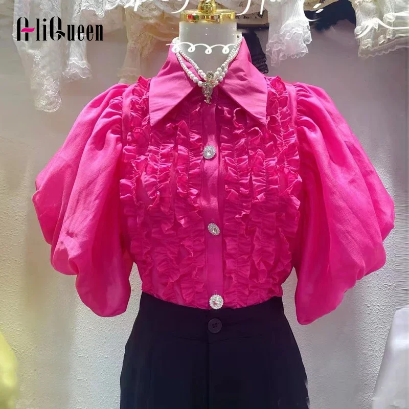 Korean Women Elegant Short Puff Sleeve Patchwork Ruffles Shirts Blouses Summer Female Sweet Diamonds Buttons Party Blouse Tops