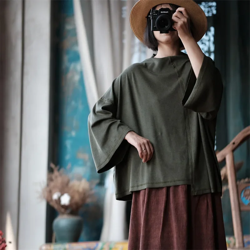 

Vintage Style Irregular Tops T-shirt Women 2023 Autumn New Casual Loose Plus Size Temperament Plus Size High Quality Cotton Tee