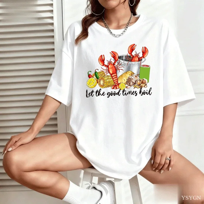Let The Good Times Boil Crawfish Corn Lemon Garlic Seafood Graphic Washed Short Sleeve Loose Streetwear Tee Hip Hop