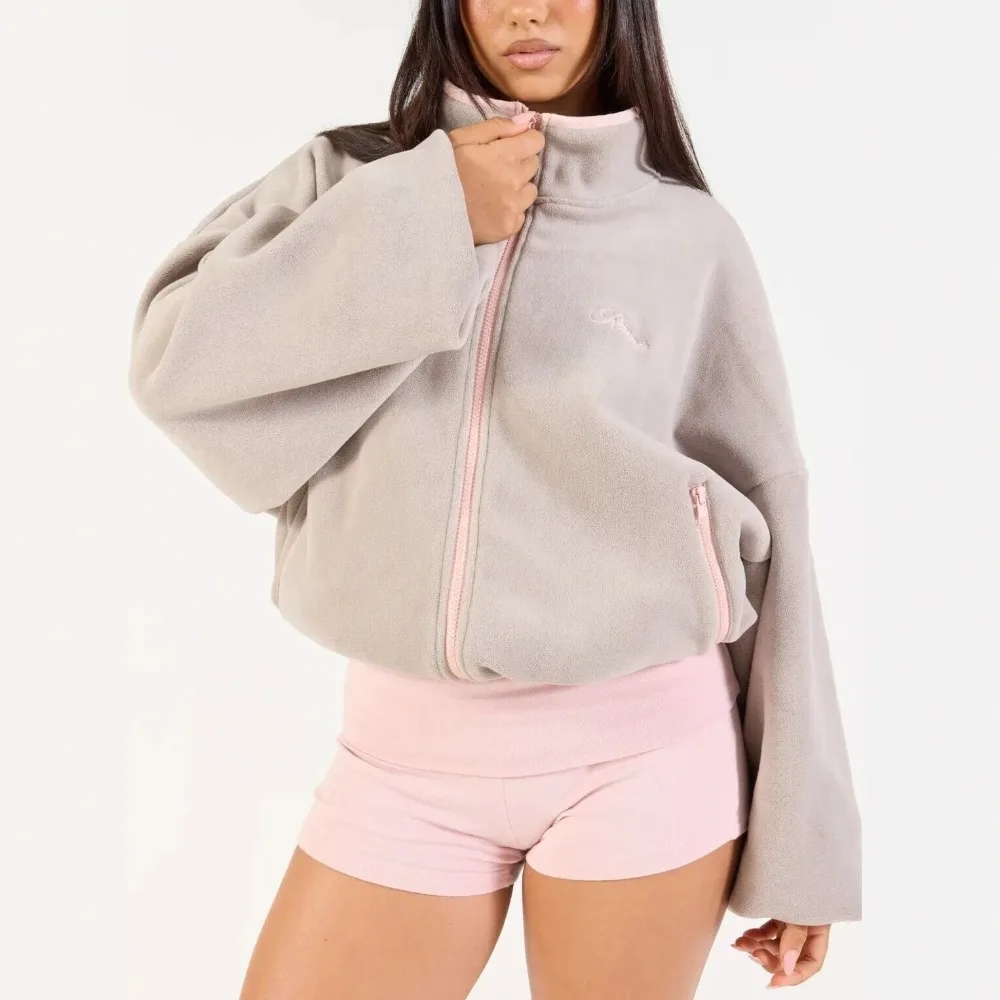 Original Color Blocking Warm Fleece Jacket Autumn and Winter Women's Chic Soft Letter Embroidery Splicing Design Sports Jacket