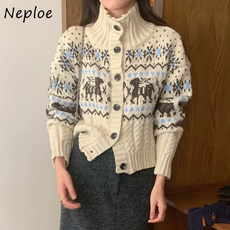 Neploe Vintage Atmosphere Christmas Reindeer Jacquard Knitted Cardigan Femme Winter Stand Up Collar Single Breasted Sweater