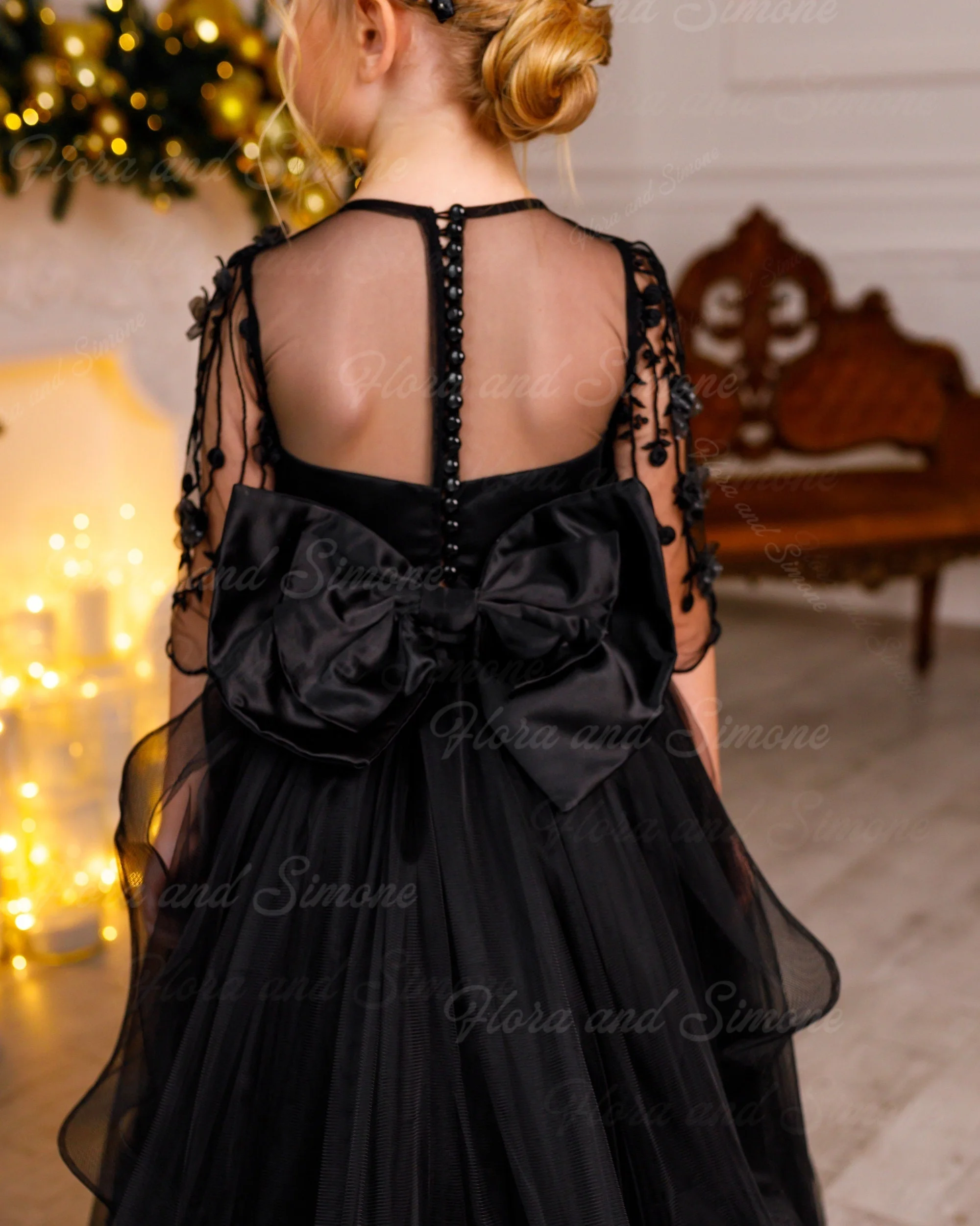 customized Fluffy Long sleeves Bow Shiny Elegant Princess Dress Flower Girl Dress for Wedding Ceremony birthday gift Christmas