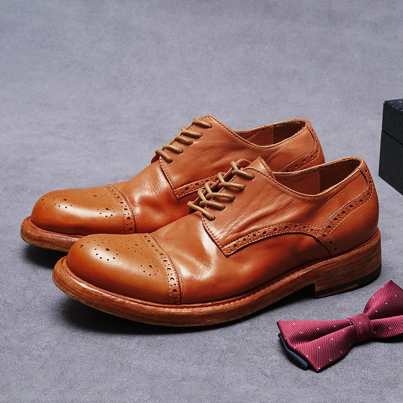 Big Toe Business Formal Leather Shoes British Style Carved Handmade Leather Shoes High-End Inner and Outer Cowhide Men's Shoes