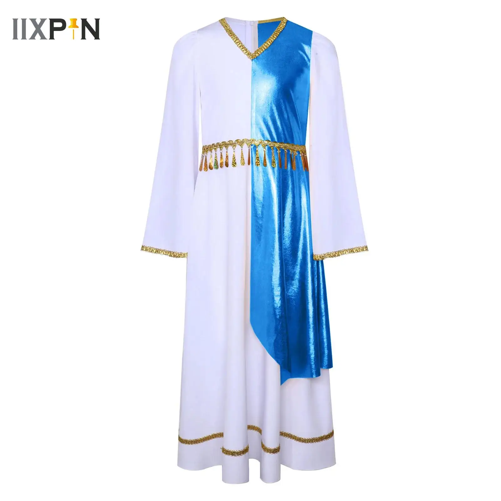 

Kids Girl Angel Cosplay Costume Halloween Greek Deity Dress Long Flared Sleeve Tassels Ancient Toga Greece Roman Goddness Queen