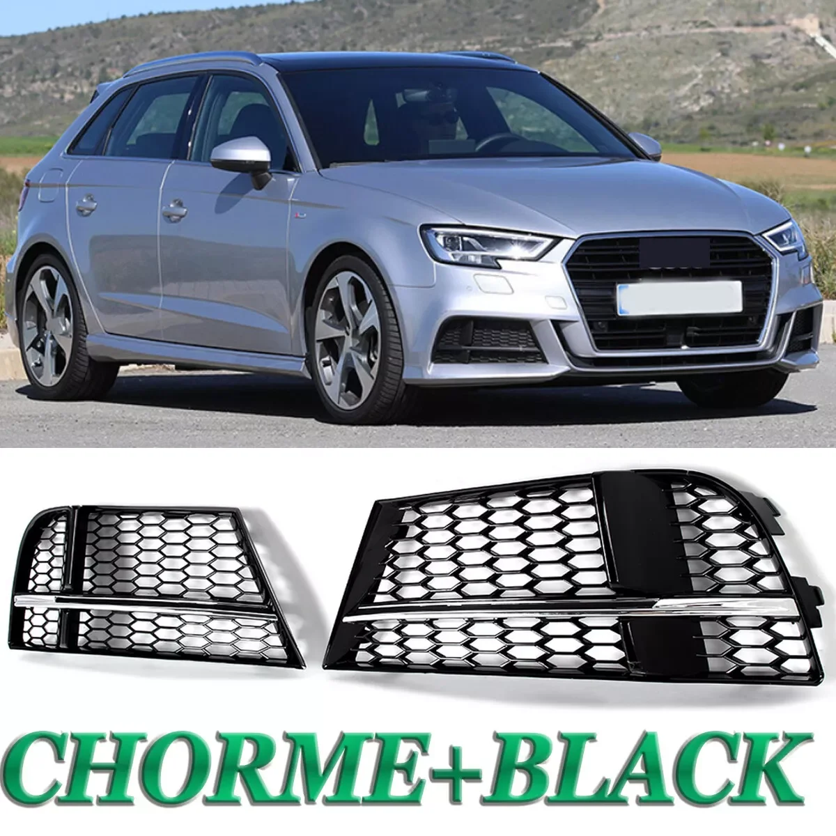 

Chrome&Black For Audi A3 8V S-Line Sedan Sportback Convertible 2017-2019 Front Bumper Fog Light Trim Grille Cover Frame Bezel