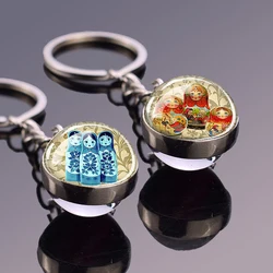 Russian Dolls Keychains Matryoshka Lasso Doll Double Sided Glass Ball Pendant Key Chains Travel Souvenir Jewelry Keyring Gifts