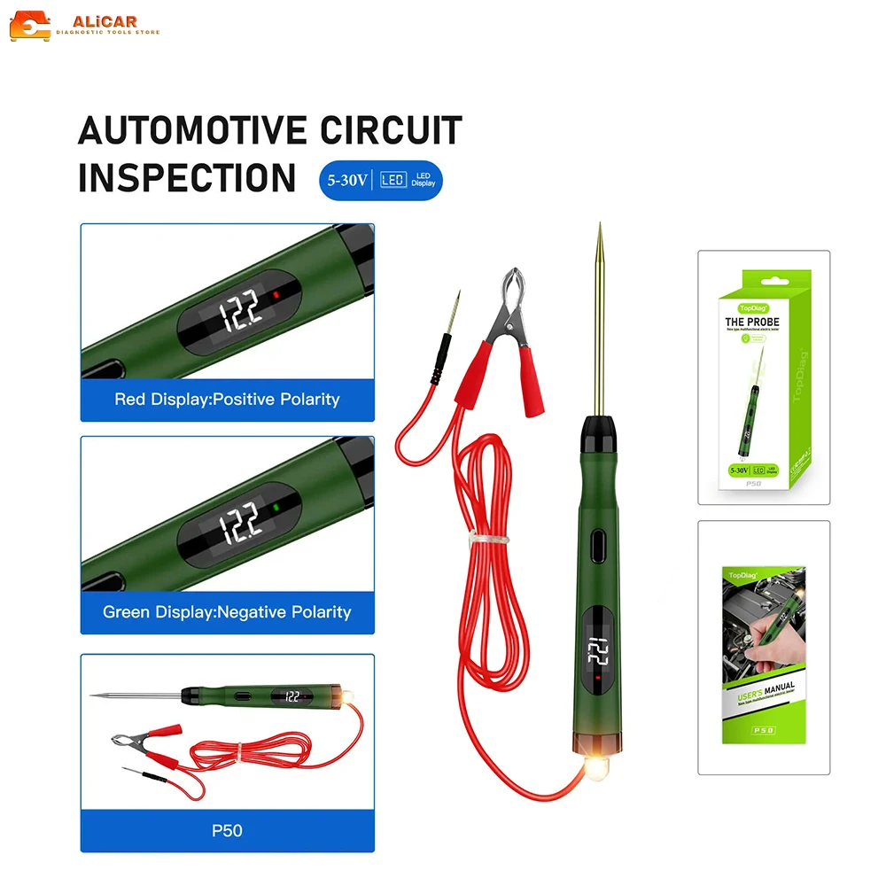 JDiag P50 5V-30V Digital Display Circuit Load Polarity Voltage Test Pen Automotive Circuit Tester Car Power Circuit Probe Kit