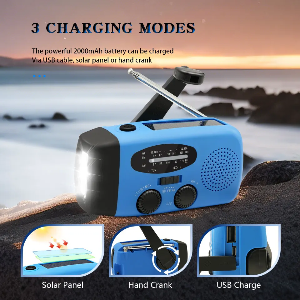 2000mAh Emergency Crank Weather Radio FM/AM Solar Radios Portable Survival Radio with LED Flashlight for Camping Hiking