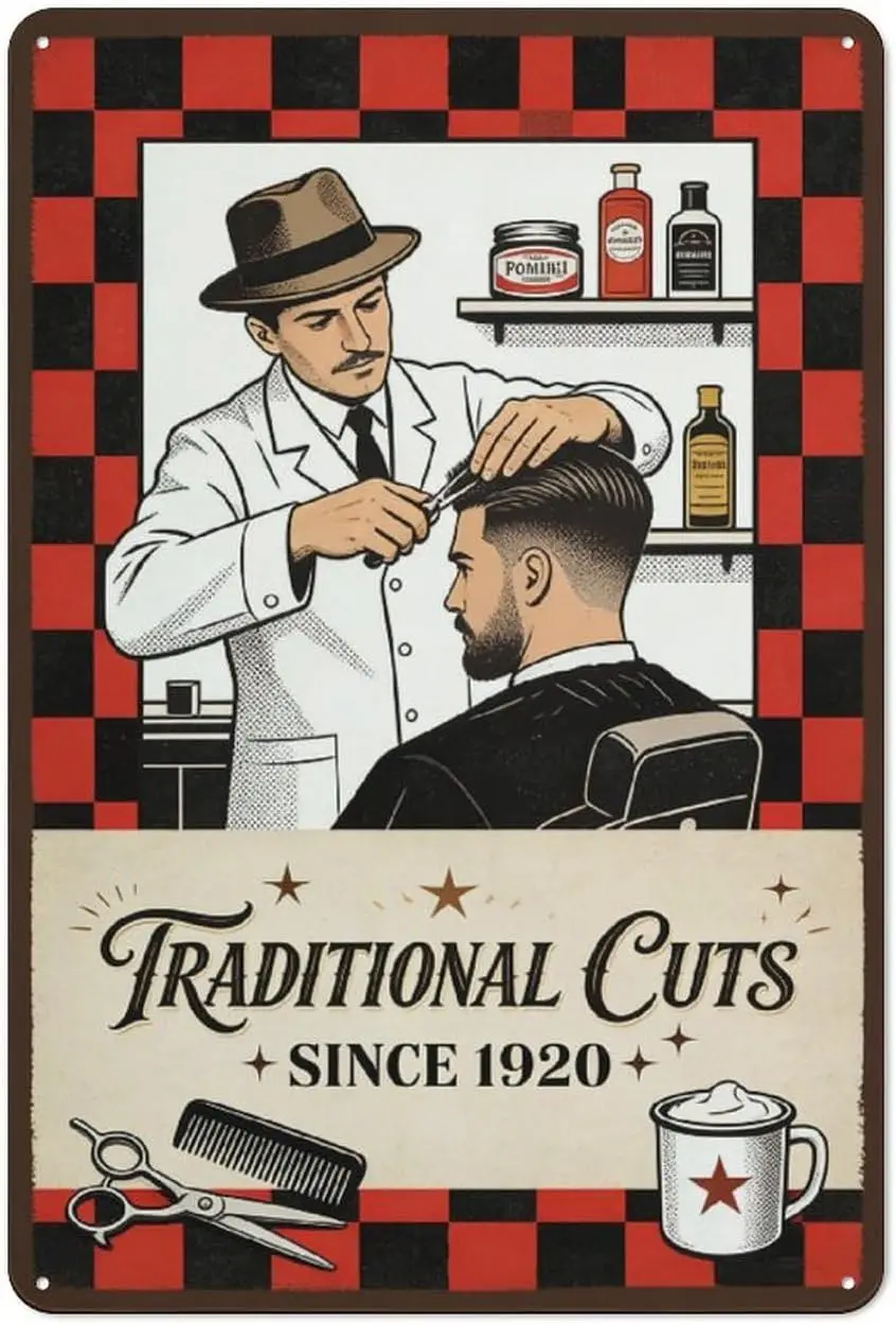 Traditional Cuts Since 1920 Metal Tin Sign   – Vintage American Barber Shop Comic Style Wall Decor Plaque--Tin Sign