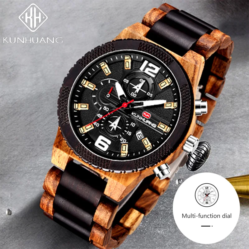 KUNHUANG High Quality Wooden Men Quartz Watch New Luminous Pointer Chronograph Watch Top Luxury Men Wood Watch Relogio Masculino