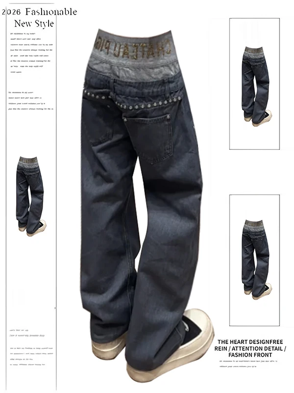 

American Retro Splicing Rivet Jeans Women's High Waist Slim Straight Leg Long Pants Spring New Design Casual Soft Comfortable